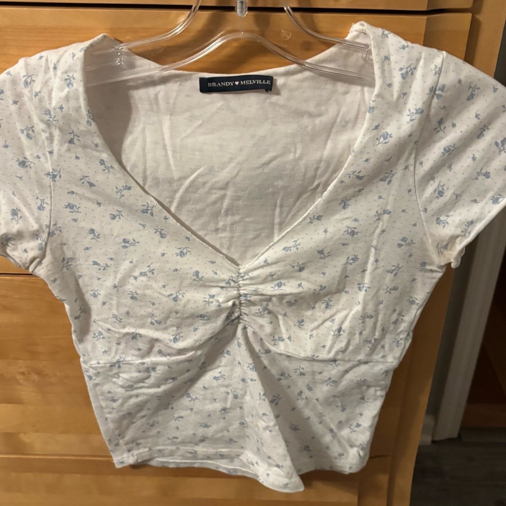 Brandy Melville White and Blue Floral Short Sleeve Top